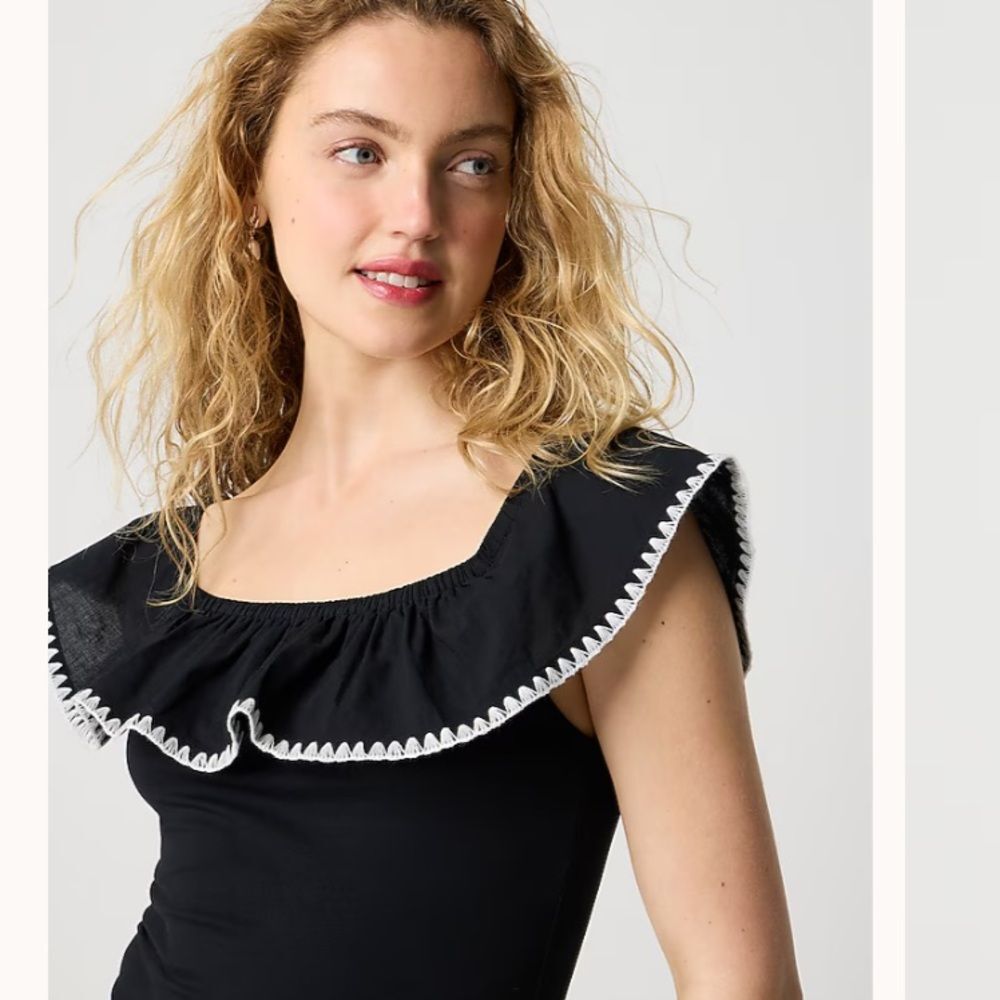 J. Crew Factory Blanket Stitch Ruffled Shoulder Top NWT Small Black